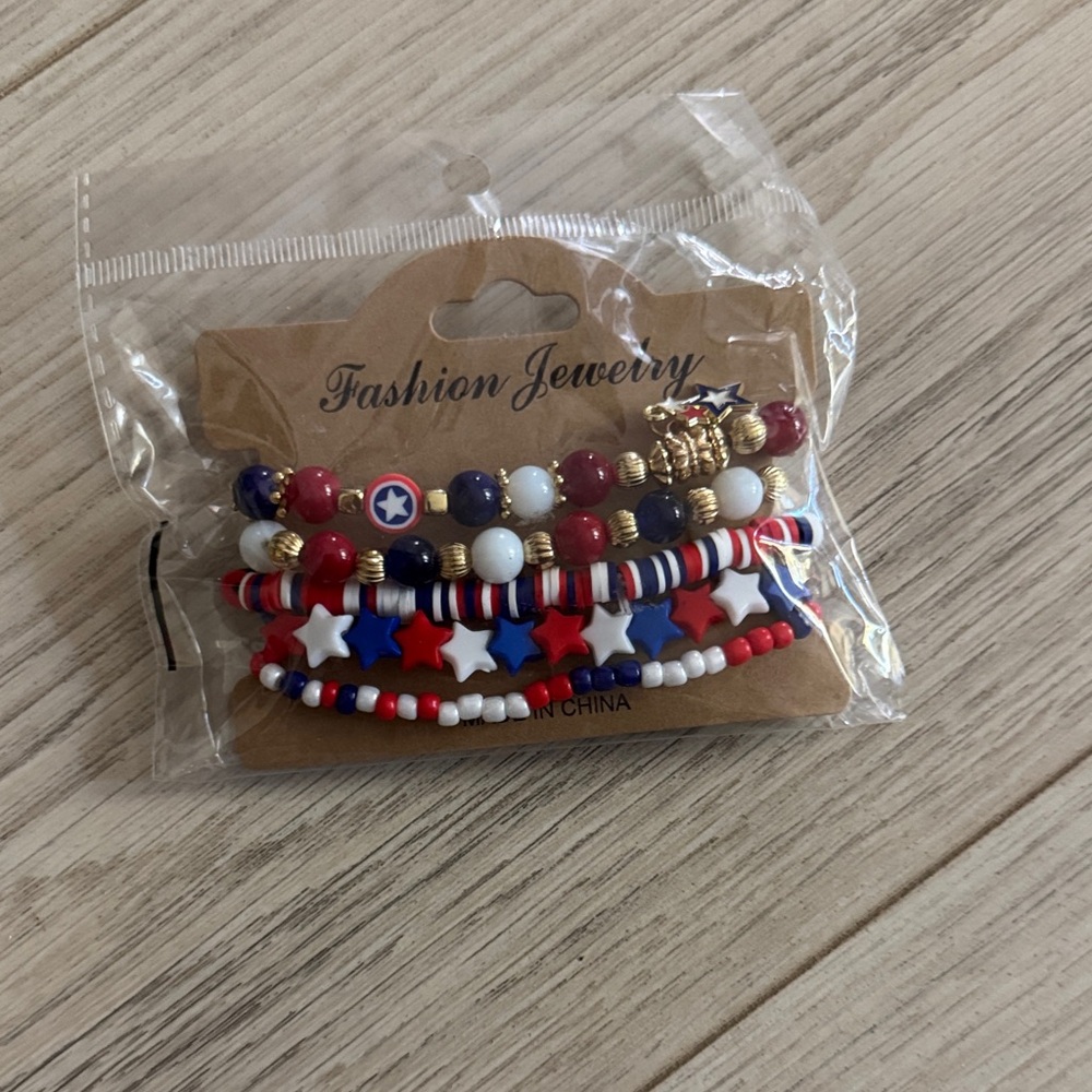 Red, White, and Blue Beaded Bracelet Set